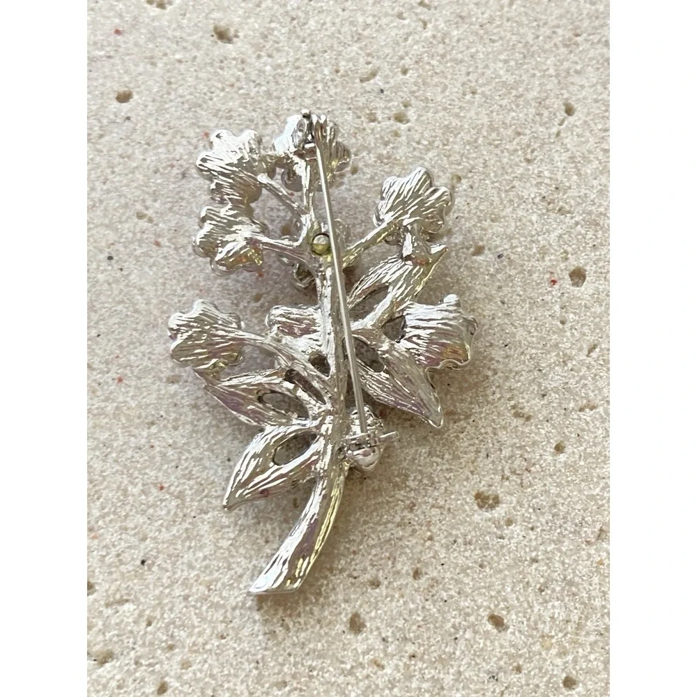 Vintage Pink‎ Rhinestone Flower Spray Brooch Silver Tone Floral Spring Romantic
